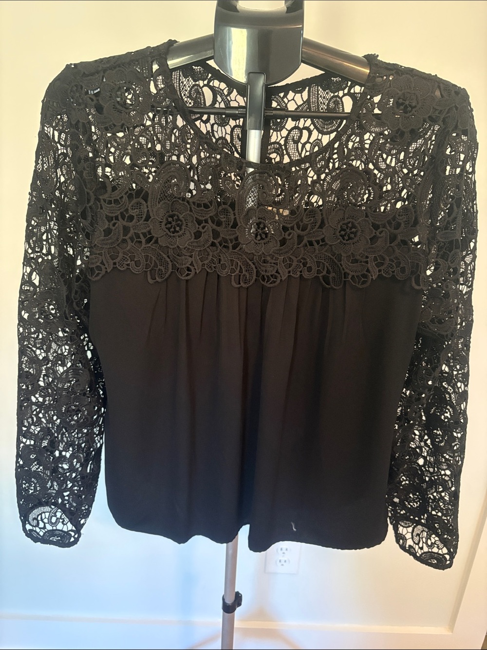 J. Crew Black Crochet Lace Yoke Long Sleeve Blouse